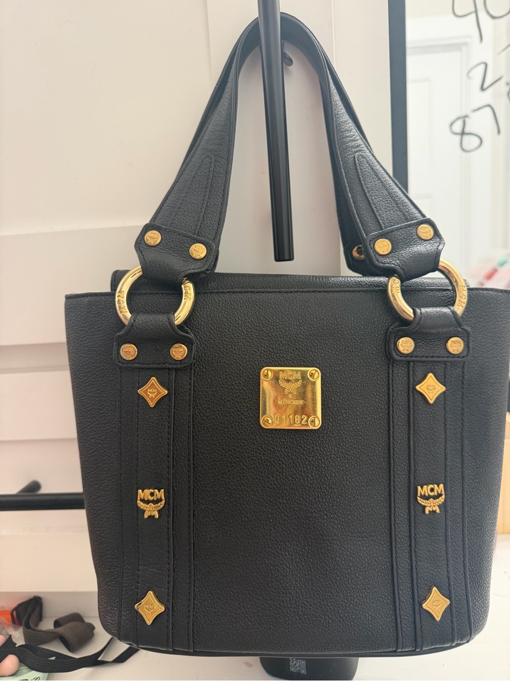 MCM Black Leather Tote with Gold-Plated Logo Accents